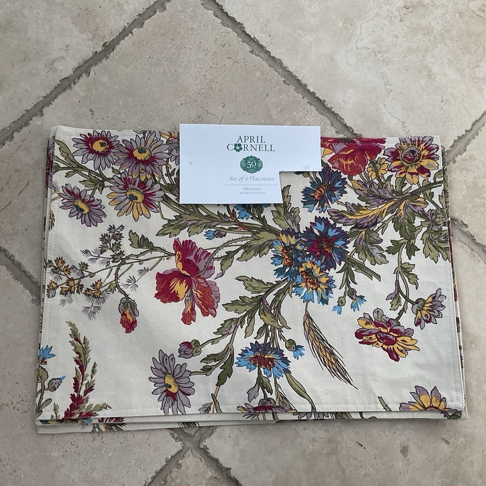 NWT April Cornell Placemats 14x19 Wildflowers‎ Set Of 4 100% Cotton Beige, Green